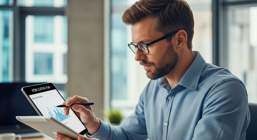Foto realista de um empresário em seu escritório analisando um planejamento de escalas de trabalho em um tablet, com expressão focada e ambiente corporativo moderno ao fundo. Sem textos ou gráficos sobrepostos.