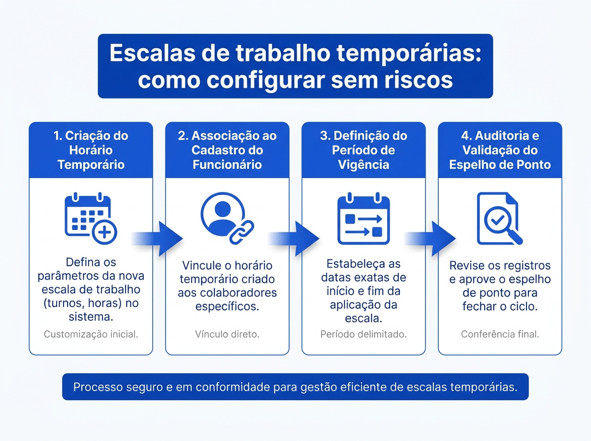 Infográfico mostrando o fluxo passo a passo para configurar escalas de trabalho temporárias no sistema de ponto.