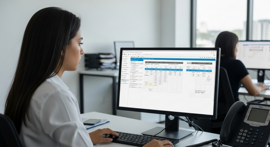 Foto realista de uma profissional de departamento pessoal analisando a tela de um computador com o software de controle de ponto aberto, ajustando escalas de trabalho. O ambiente é um escritório moderno e bem iluminado, com foco na profissional concentrada em seu trabalho técnico. Sem textos ou gráficos sobrepostos na imagem. Alt: Profissional de DP configurando escalas de trabalho temporárias no sistema de ponto eletrônico.