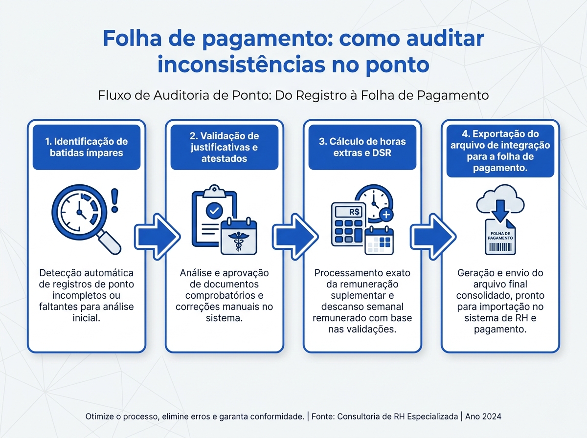 Infográfico do fluxo de auditoria de ponto para fechamento de folha sem erros