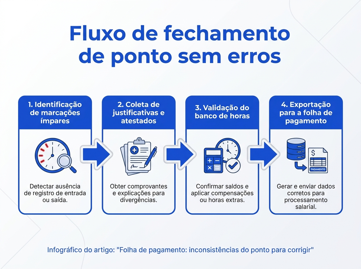 Infográfico mostrando o fluxo de fechamento de ponto para evitar erros na folha de pagamento.
