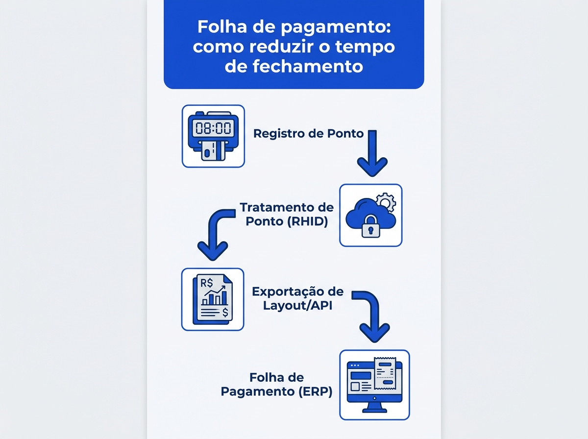 Infográfico do fluxo de integração entre o registro de ponto e o sistema de folha de pagamento.