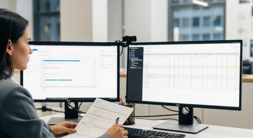 Uma foto realista em estilo corporativo mostrando uma profissional de departamento pessoal focada, trabalhando em frente a dois monitores de computador em um escritório moderno e bem iluminado. Em uma das telas, é possível ver de forma sutil a interface de um software de gestão de ponto com gráficos limpos, sem textos legíveis. A profissional demonstra tranquilidade e eficiência ao operar o sistema. Sem textos, logos ou elementos gráficos sobrepostos. Alt: Profissional de departamento pessoal realizando o fechamento da folha de pagamento de forma integrada e ágil.