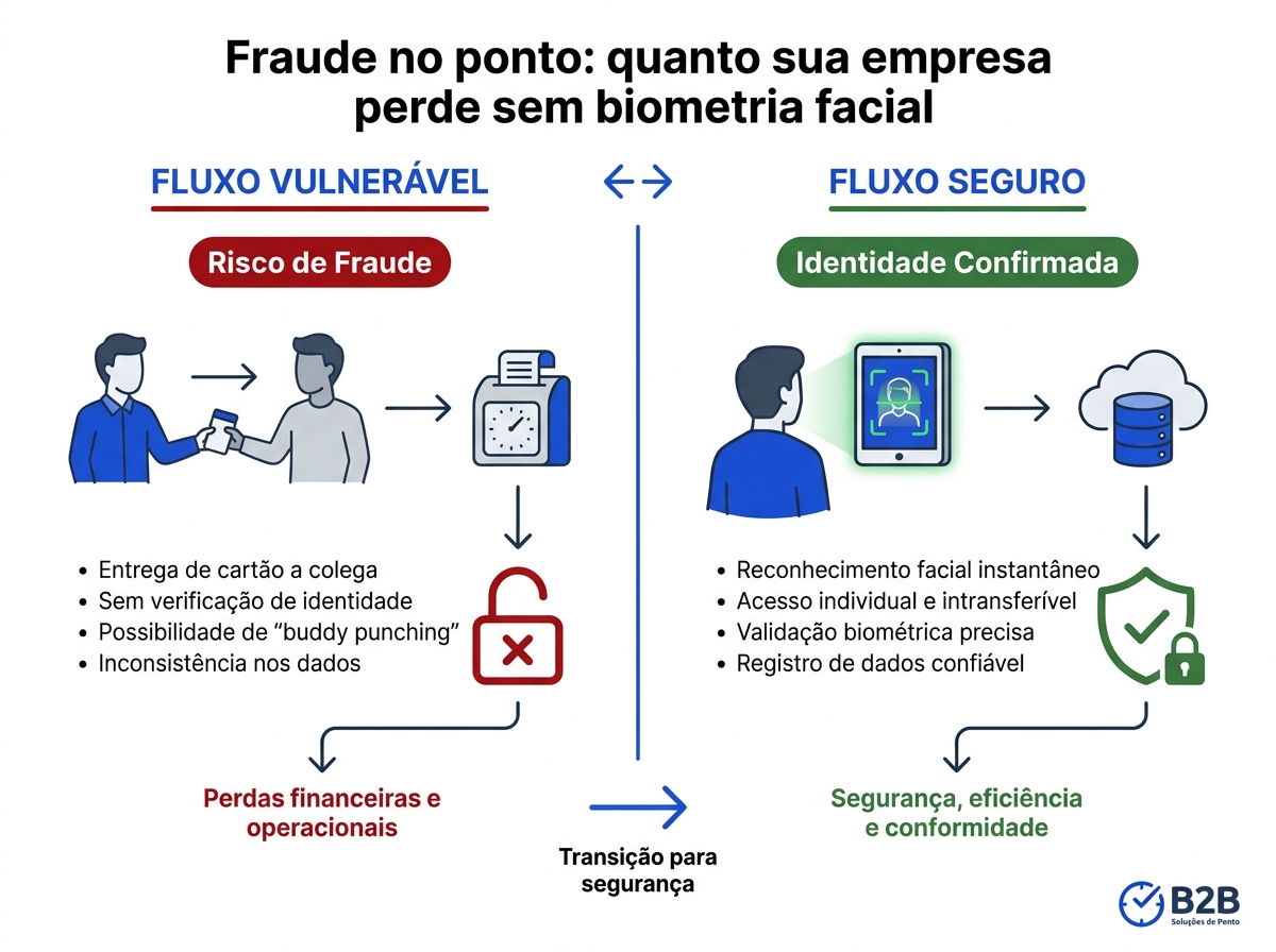 Infográfico comparando o fluxo de fraude no ponto com o fluxo seguro de reconhecimento facial
