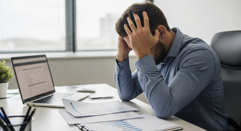 Foto realista de um empresário preocupado analisando planilhas financeiras impressas em sua mesa de escritório, com as mãos na cabeça, demonstrando estresse com custos invisíveis. Iluminação natural de escritório corporativo de médio porte. Sem textos ou gráficos na imagem. alt: Empresário preocupado analisando custos e planilhas financeiras em seu escritório