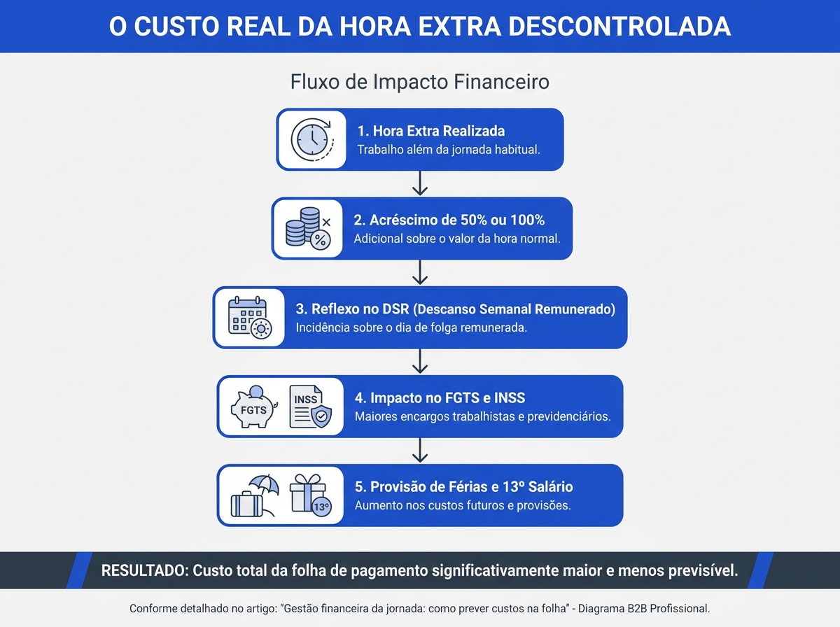 Infográfico mostrando o efeito cascata das horas extras nos custos trabalhistas da empresa.