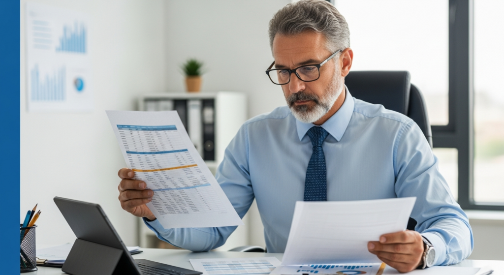 Foto de um empresário de meia-idade em seu escritório, com expressão de concentração, analisando relatórios financeiros impressos e comparando dados em um tablet. O ambiente é profissional, bem iluminado, transmitindo seriedade e foco em gestão de custos. Sem textos, gráficos complexos ou elementos flutuantes na imagem. Alt: Empresário analisando relatórios de custos e planejamento financeiro em seu escritório.
