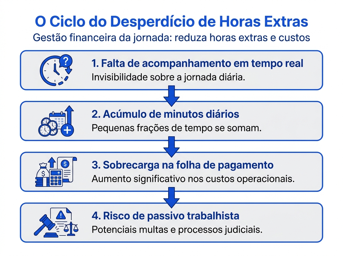 Infográfico mostrando o ciclo de desperdício financeiro gerado pela falta de controle de horas extras.