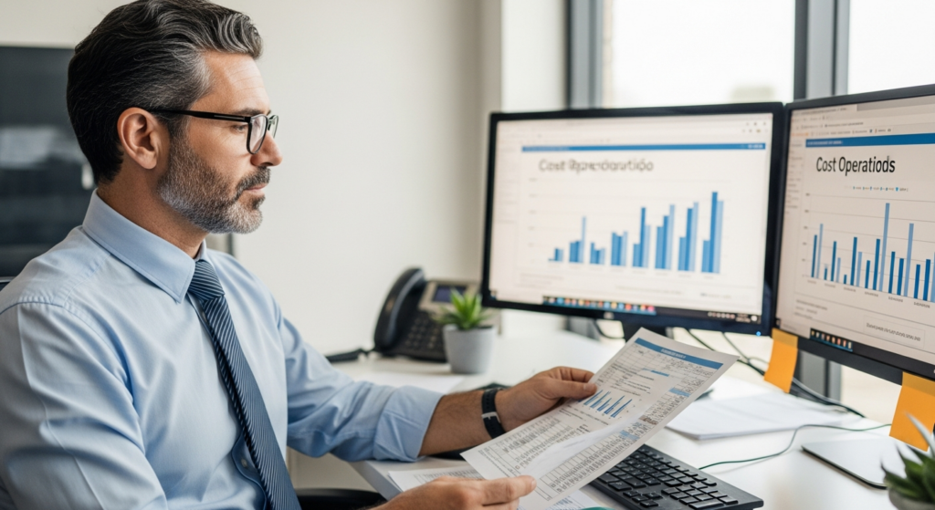 Foto realista de um empresário de meia-idade em seu escritório, analisando relatórios financeiros impressos e uma tela de computador que exibe gráficos de custos operacionais. O ambiente é profissional, bem iluminado, com foco na expressão de atenção do gestor ao identificar gargalos financeiros. Sem textos ou gráficos fictícios na imagem, apenas a representação visual de análise de custos.