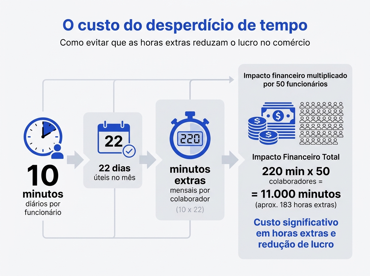 Infográfico demonstrando o acúmulo de minutos diários e seu impacto financeiro em horas extras