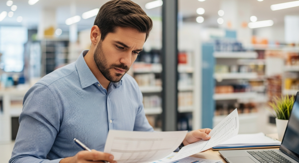 Foto realista de um empresário do comércio analisando relatórios financeiros e planilhas em seu escritório, com expressão de foco e preocupação moderada com os custos operacionais. Ao fundo, de forma desfocada, vê-se a movimentação de uma loja de varejo organizada. Sem textos, gráficos ou elementos digitais sobrepostos. Alt: Empresário analisando relatórios financeiros para controle de horas extras no comércio.