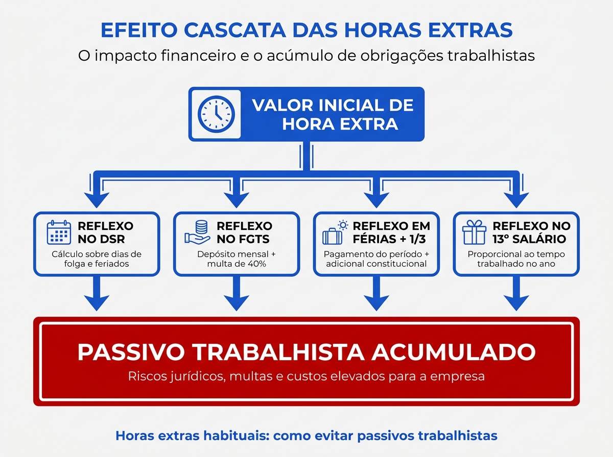 Infográfico mostrando o efeito cascata e reflexos financeiros das horas extras habituais nas verbas trabalhistas.