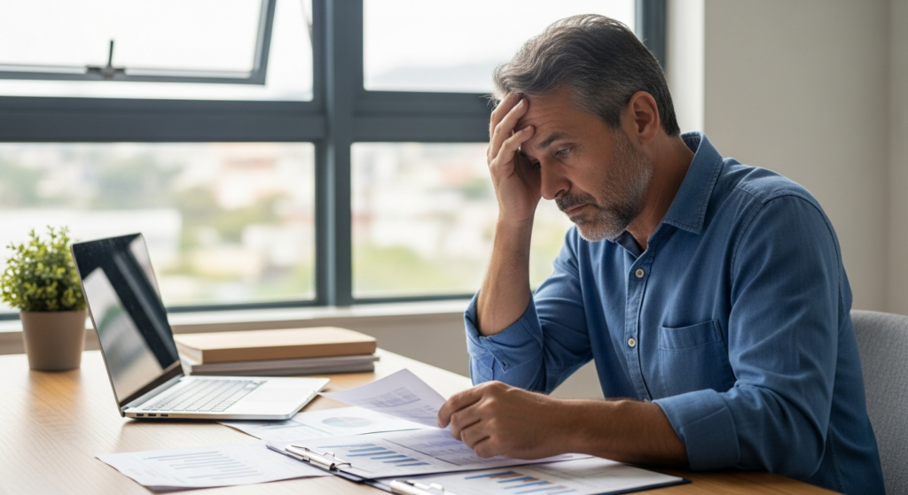 Foto realista de um empresário de meia-idade, com expressão preocupada, analisando relatórios financeiros e planilhas impressas em sua mesa de madeira em um escritório moderno. Ao fundo, uma janela com luz natural suave. Sem textos, gráficos ou elementos digitais sobrepostos na imagem. Alt: Empresário preocupado analisando relatórios financeiros para identificar custos com horas extras.