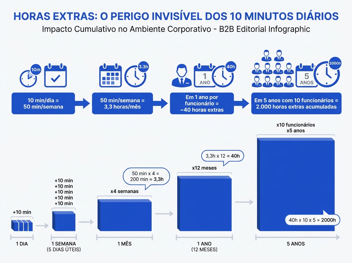 Infográfico demonstrando o acúmulo de horas extras a partir de 10 minutos diários.