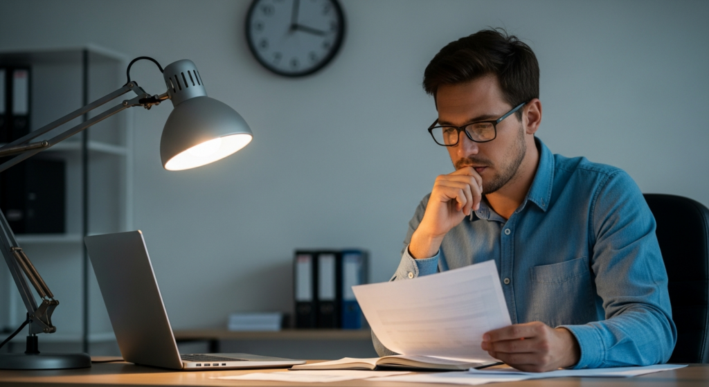 Cena fotográfica realista de um empresário preocupado em seu escritório no final do dia, analisando relatórios impressos sob a luz de uma luminária de mesa, com um relógio de parede ao fundo marcando o fim do expediente. A imagem transmite a preocupação com a gestão do tempo e custos invisíveis, sem elementos de texto ou gráficos artificiais. Alt: Empresário preocupado analisando relatórios de horas extras no escritório.