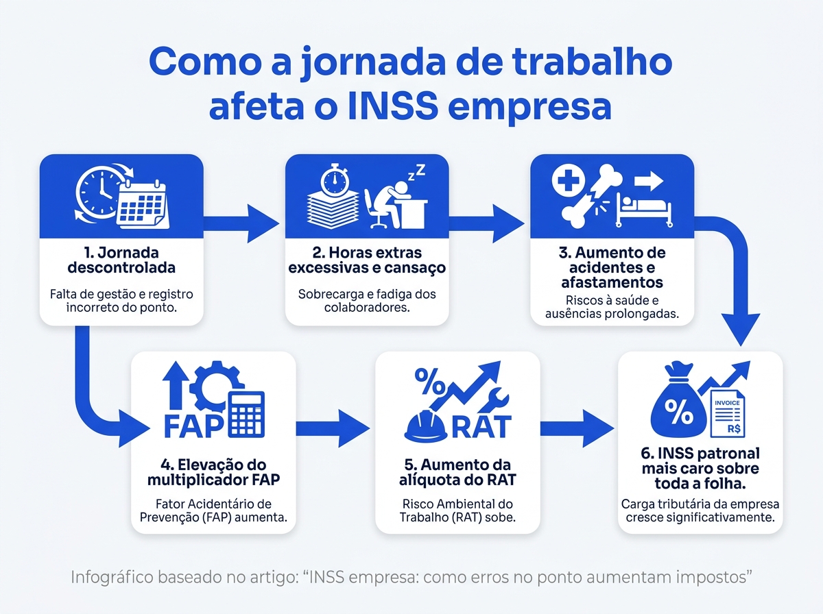 Infográfico mostrando a relação entre descontrole de jornada, acidentes de trabalho e aumento do INSS empresa através do FAP.