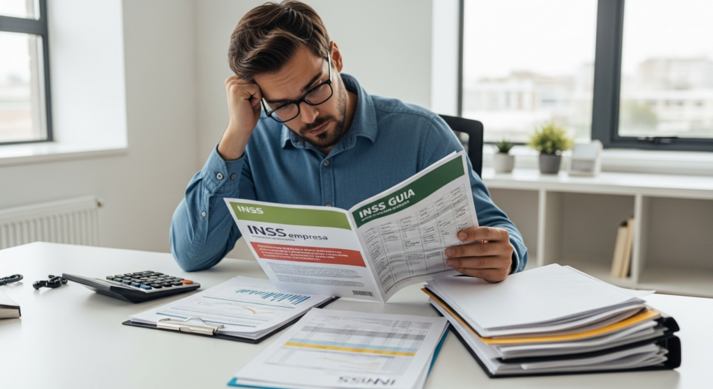 Foto realista de um empresário preocupado em sua mesa de escritório, analisando guias de impostos impressas e planilhas financeiras acumuladas, com uma calculadora ao lado. O ambiente mostra seriedade e foco na gestão financeira, sem textos ou gráficos artificiais na imagem. Alt: Empresário analisando guias de impostos e custos com INSS empresa sobre a folha de pagamento.