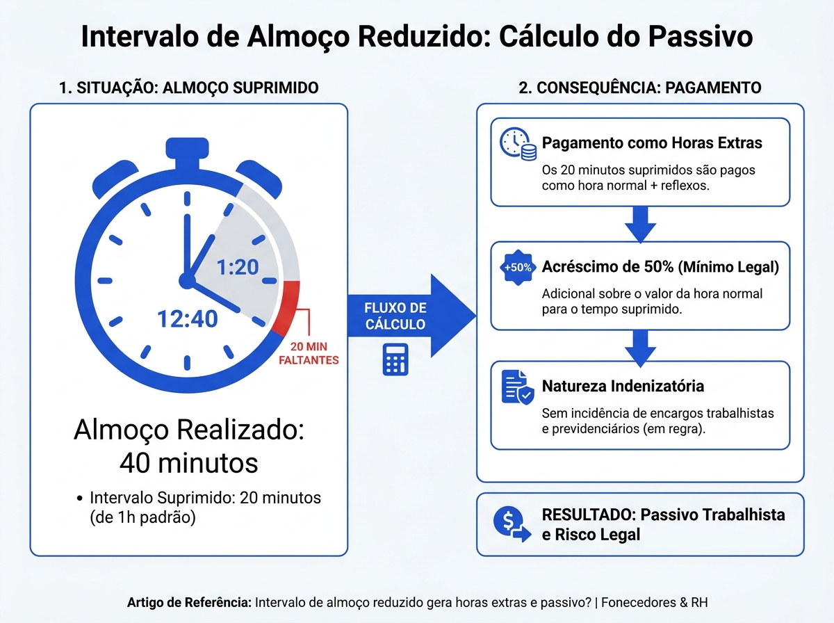 Infográfico explicativo sobre o cálculo de horas extras por intervalo de almoço reduzido
