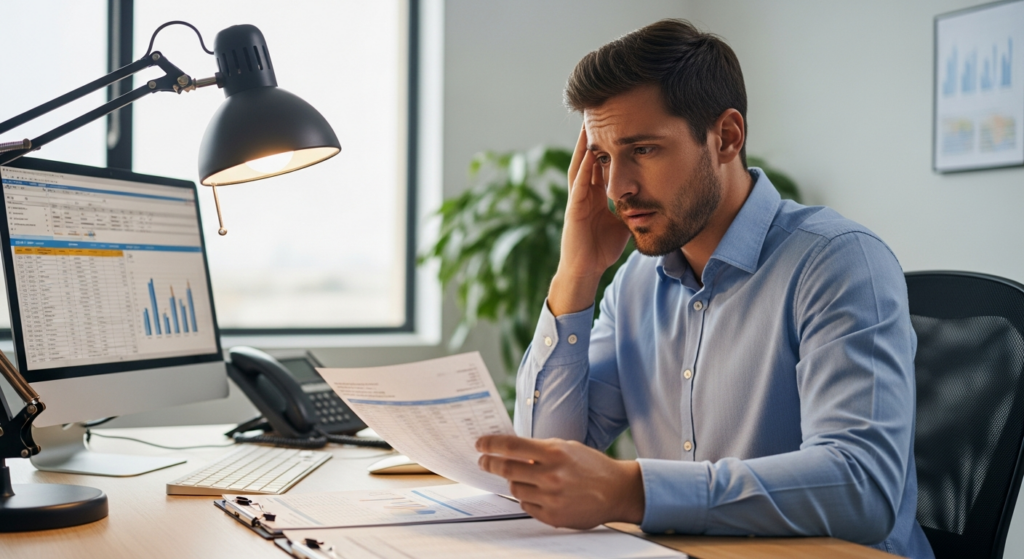 Foto realista de um empresário preocupado em sua mesa de escritório, analisando relatórios financeiros e folhas de pagamento impressas sob a luz de uma luminária de mesa, com expressão de apreensão. Sem textos ou gráficos na imagem.