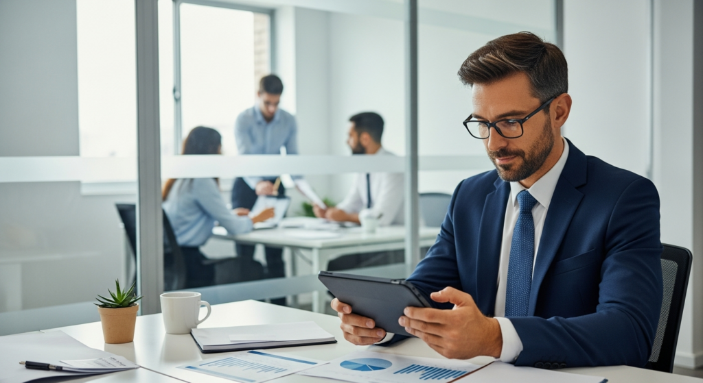 Foto realista de um empresário em seu escritório moderno, analisando relatórios em um tablet com expressão de tranquilidade, enquanto ao fundo, através de uma divisória de vidro fosco, vê-se uma equipe colaborando de forma organizada. Sem textos, gráficos ou elementos artificiais na imagem. Alt: Empresário gerenciando a jornada híbrida de sua equipe com segurança jurídica.