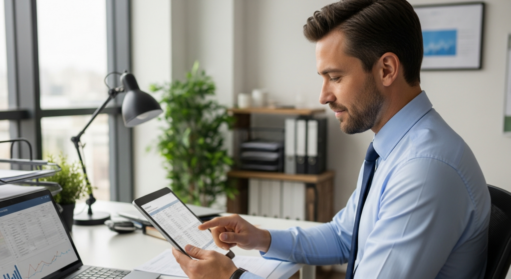 Foto realista de um empresário em seu escritório analisando um tablet com relatórios de jornada de trabalho, com uma fisionomia tranquila e focada. Ao fundo, um ambiente corporativo moderno e organizado, sem textos ou gráficos na tela.