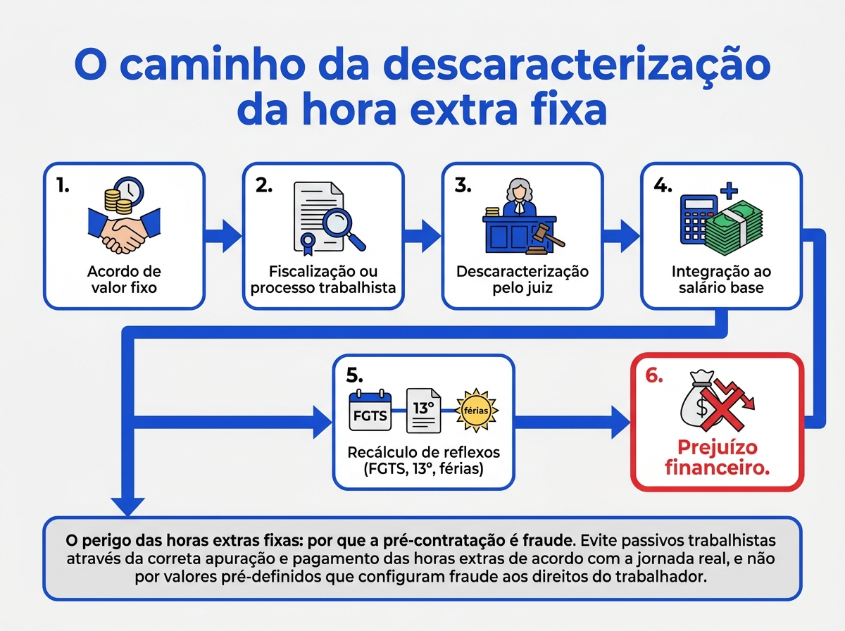 Infográfico mostrando o fluxo de descaracterização das horas extras fixas e o impacto financeiro para a empresa.