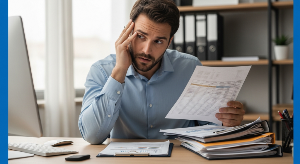 Foto realista de um empresário preocupado em sua mesa de escritório, analisando planilhas financeiras e papéis de folha de pagamento acumulados, com uma expressão de apreensão. Ambiente corporativo de uma pequena empresa, iluminação natural de escritório. Sem textos ou gráficos na imagem.