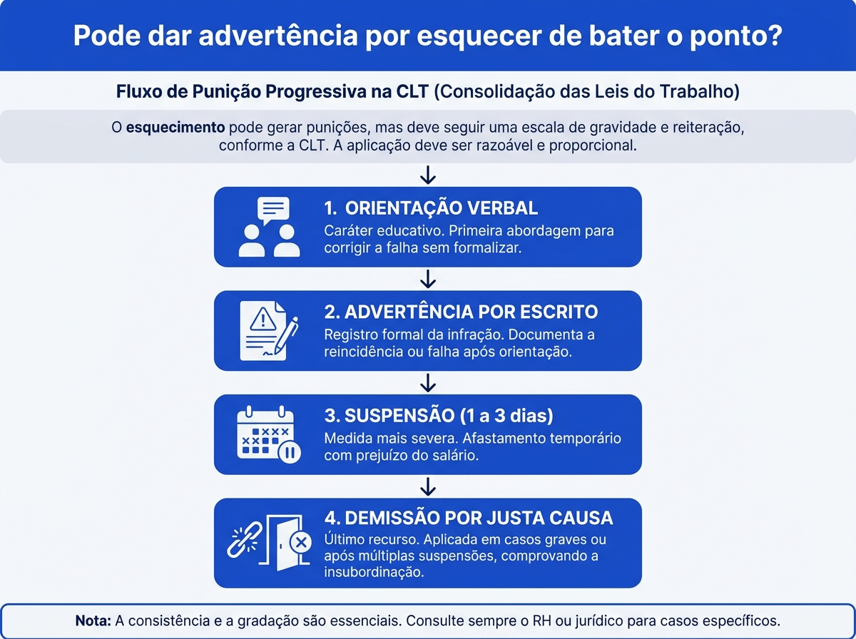Infográfico do fluxo de medidas disciplinares por esquecimento de ponto na CLT