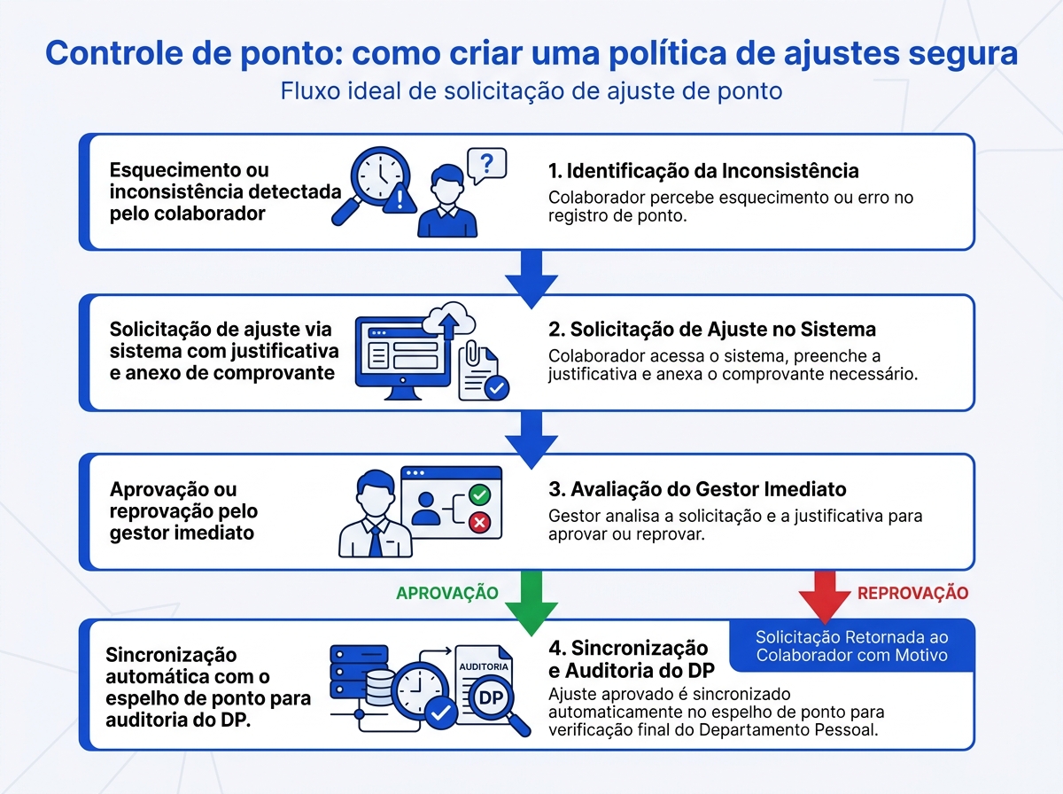 Infográfico do fluxo de aprovação de ajustes no controle de ponto eletrônico.