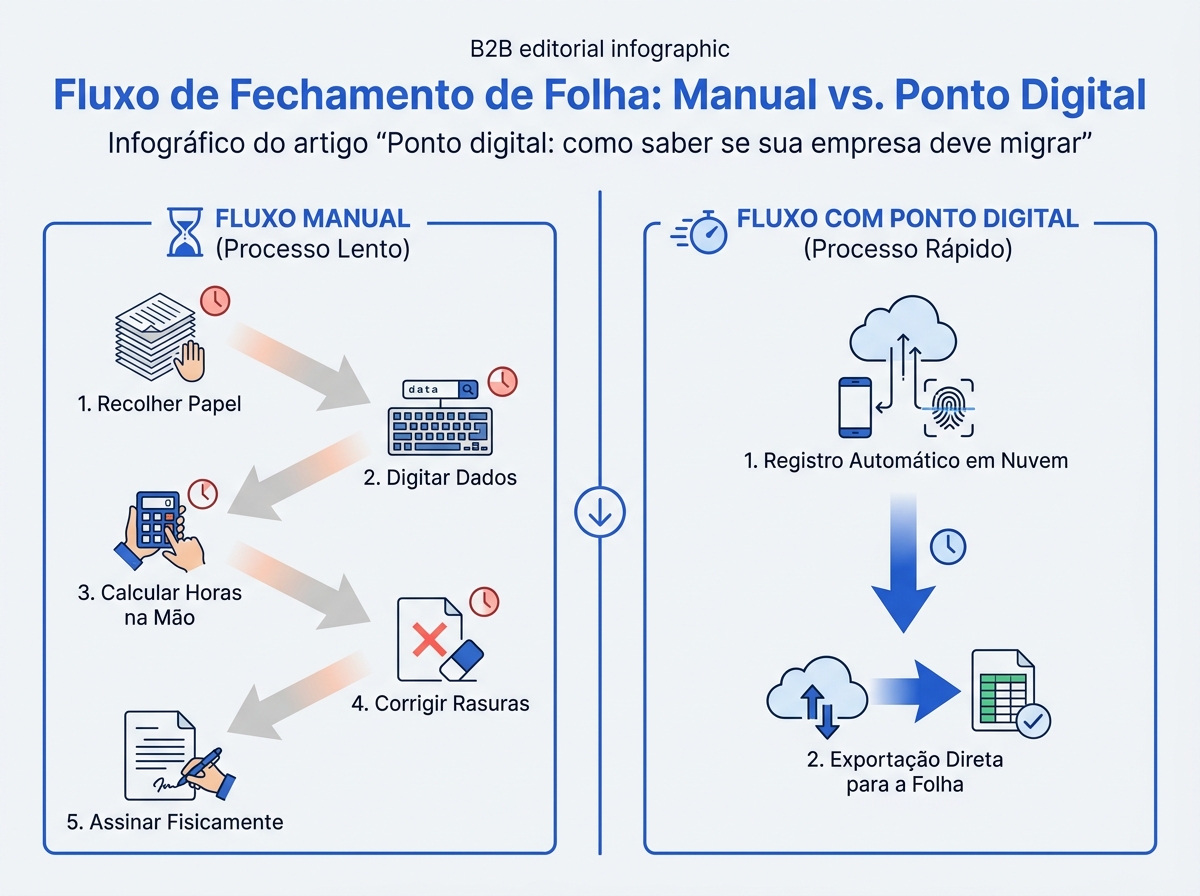 Infográfico comparando o fluxo demorado do controle de ponto manual com a agilidade do ponto digital.