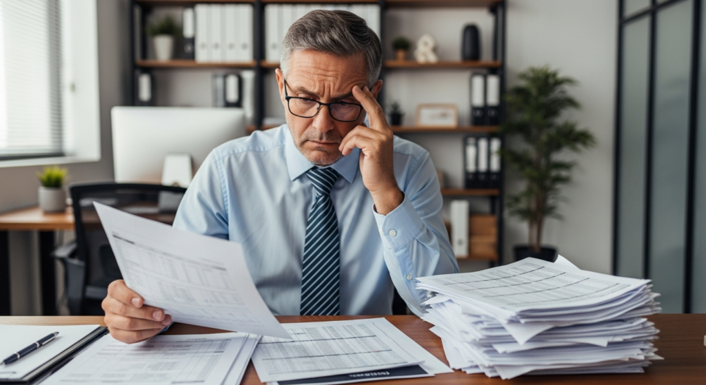 Foto realista de um empresário de meia-idade em seu escritório, com expressão de preocupação, analisando uma pilha de folhas de ponto de papel rasuradas e planilhas impressas sobre a mesa de madeira. Ao fundo, um ambiente de escritório organizado, mas com foco na papelada acumulada que representa o controle manual antigo. Sem textos ou gráficos sobrepostos. Alt: Empresário preocupado analisando folhas de ponto manuais acumuladas sobre a mesa.