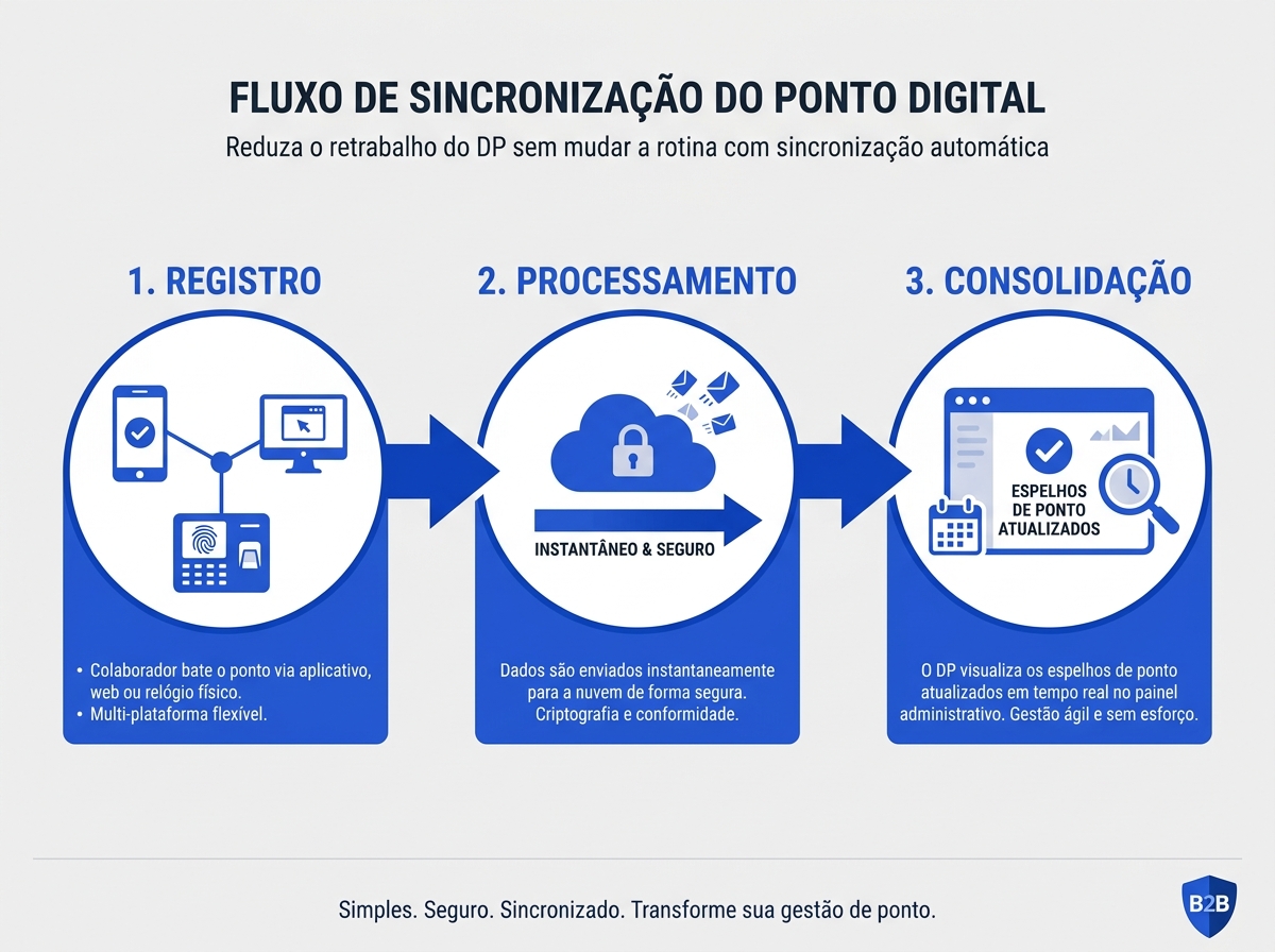 Infográfico explicativo mostrando o fluxo de dados desde a marcação do ponto pelo colaborador até a consolidação automática no painel do DP