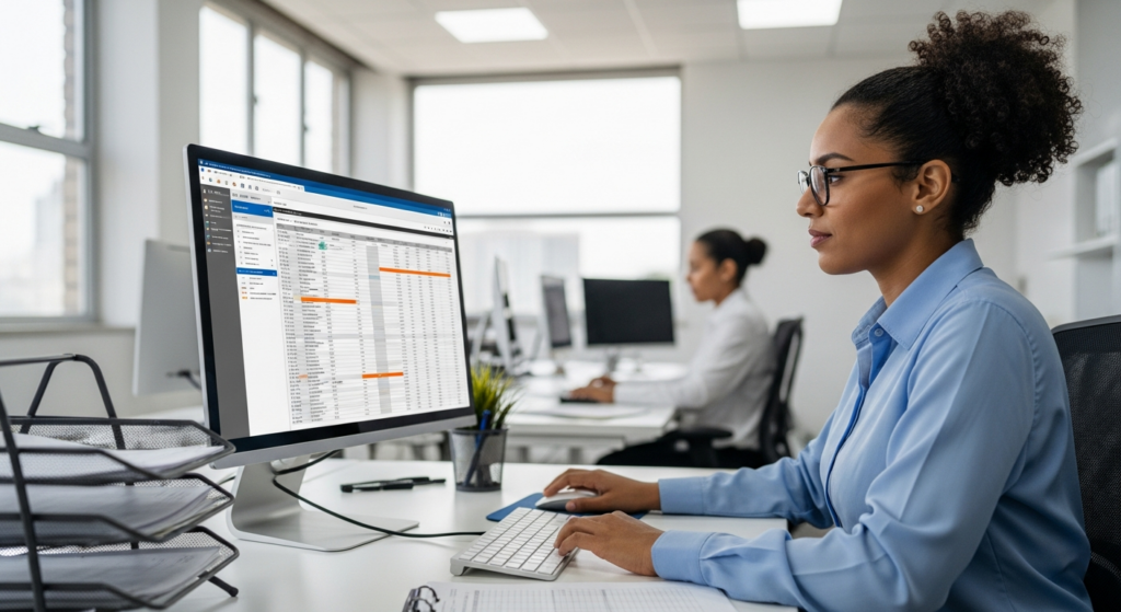 Foto realista de uma profissional de Departamento Pessoal analisando dados de jornada em um monitor de computador moderno em seu escritório, com uma expressão de tranquilidade e organização. O ambiente é bem iluminado, profissional e focado na eficiência operacional, sem textos ou gráficos sobrepostos na imagem.