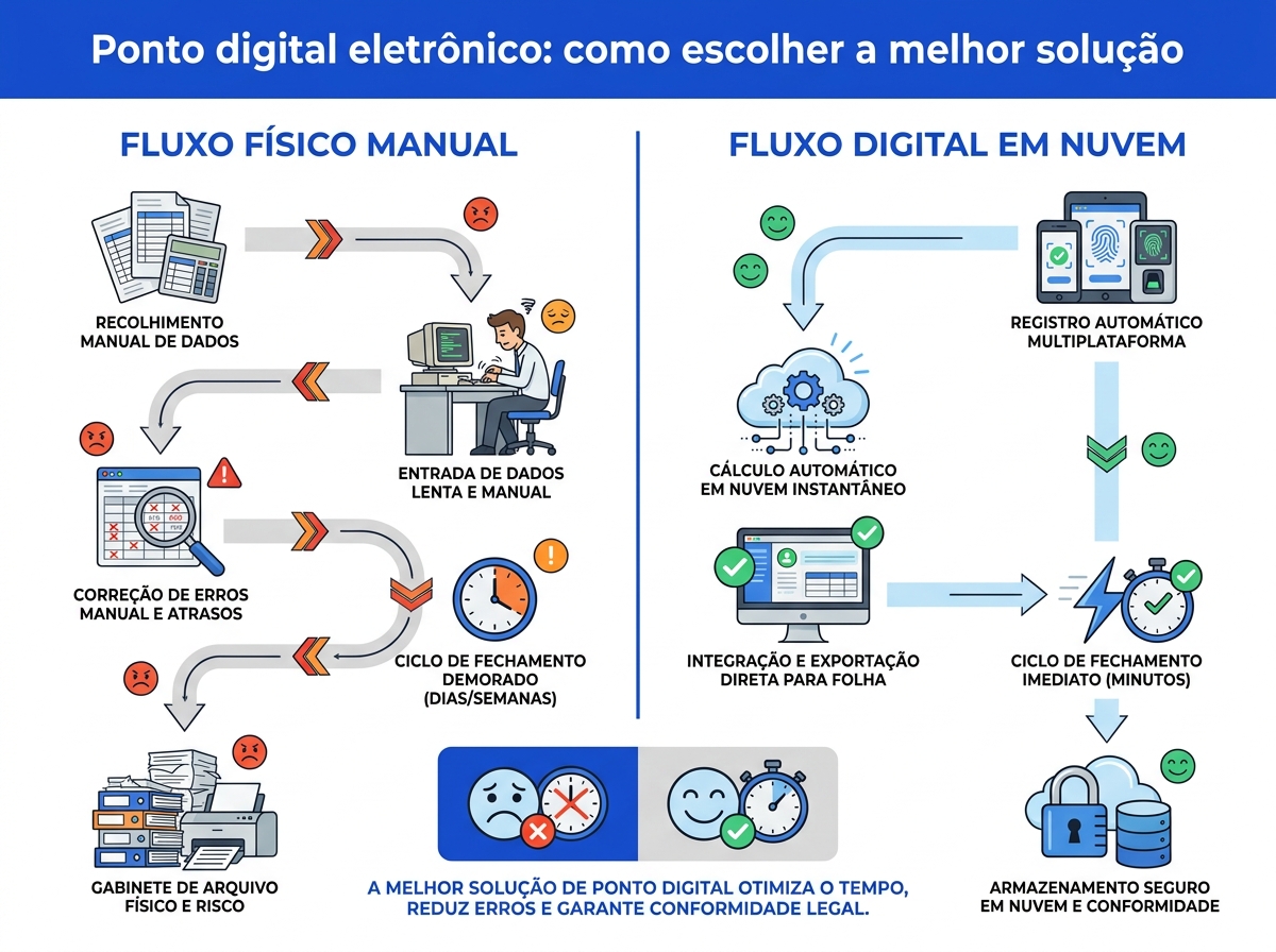 Infográfico comparativo entre o fluxo de fechamento de folha manual e o ponto digital eletrônico em nuvem.