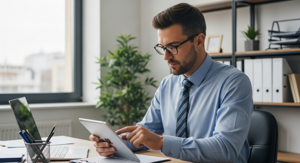 Foto realista de um empresário em seu escritório analisando relatórios de jornada de trabalho em um tablet, com uma expressão focada e profissional. O ambiente é moderno, bem iluminado, transmitindo segurança e organização corporativa. Sem textos ou gráficos sobrepostos. Alt: Empresário analisando relatórios de jornada de trabalho em um tablet para evitar riscos trabalhistas.