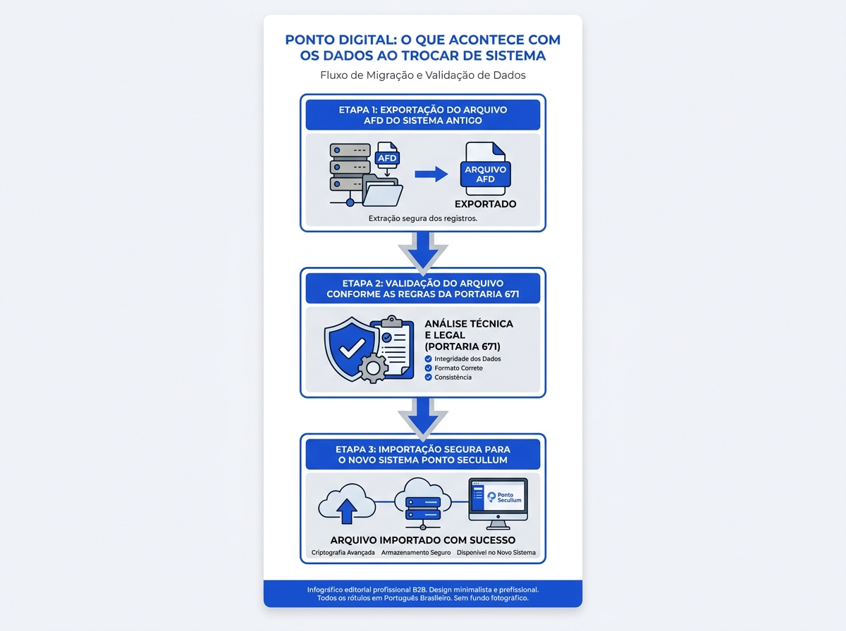 Infográfico explicativo sobre o fluxo de migração de dados do ponto digital entre fornecedores.