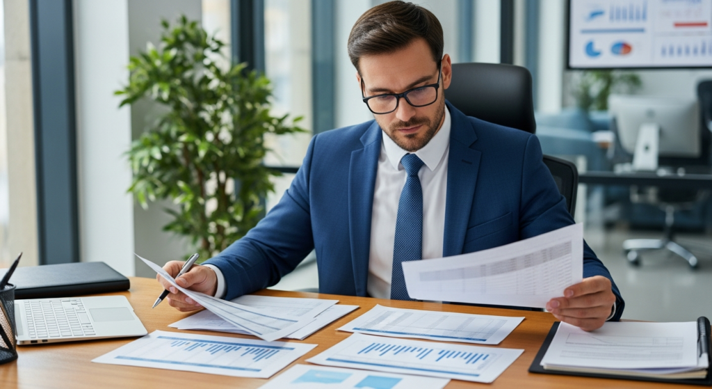 Foto realista de um empresário em seu escritório, com expressão de foco e seriedade, analisando documentos impressos e relatórios de jornada de trabalho sobre uma mesa de madeira organizada. Ao fundo, um ambiente corporativo moderno e bem iluminado, transmitindo profissionalismo e segurança jurídica. Sem textos, gráficos ou telas visíveis. Alt: Empresário analisando relatórios de jornada de trabalho para garantir a segurança jurídica da empresa.