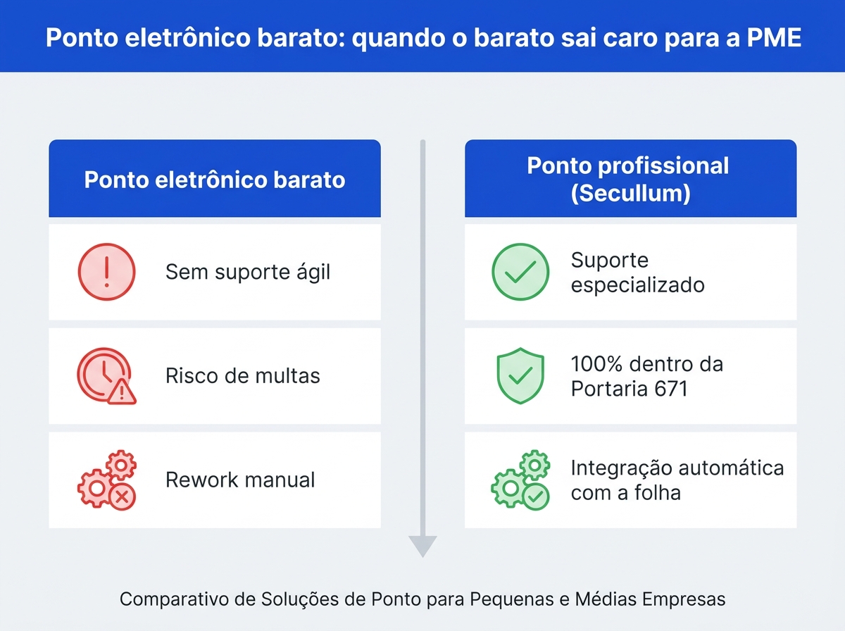 Infográfico comparativo entre ponto eletrônico barato e sistema profissional de controle de jornada.