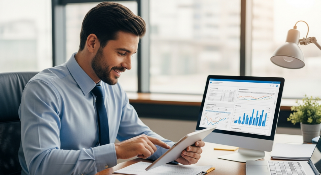 Foto realista de um empresário em seu escritório analisando relatórios financeiros e de pessoal em um tablet, com uma expressão de tomada de decisão segura. O ambiente é moderno, bem iluminado, transmitindo profissionalismo e controle operacional. Sem textos ou gráficos sobrepostos na imagem. alt: Empresário analisando relatórios de jornada de trabalho em um tablet para escolher o melhor sistema de ponto eletrônico.