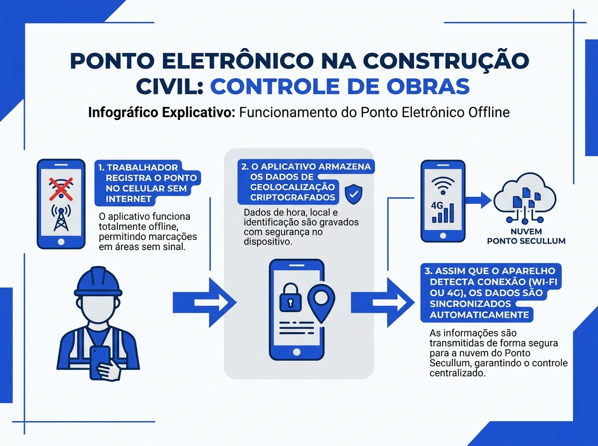 Infográfico mostrando o fluxo de registro de ponto eletrônico offline e sincronização automática.