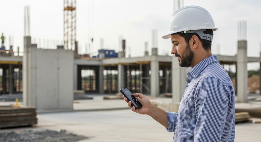 Foto realista de um engenheiro civil de capacete branco em um canteiro de obras ativo, segurando um smartphone para registrar seu ponto ou verificar dados de jornada de trabalho. Ao fundo, estruturas de concreto em construção sob a luz do dia. Sem textos ou gráficos sobrepostos. Alt: Engenheiro civil registrando jornada de trabalho pelo ponto eletrônico no celular em canteiro de obras.