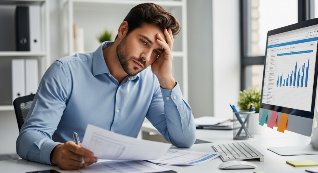 Foto realista de um empresário preocupado analisando relatórios de ponto em papel e no computador em seu escritório, com expressão de seriedade. Sem textos, gráficos ou elementos flutuantes na imagem. Alt: Empresário analisando relatórios de ponto eletrônico para identificar inconsistências.