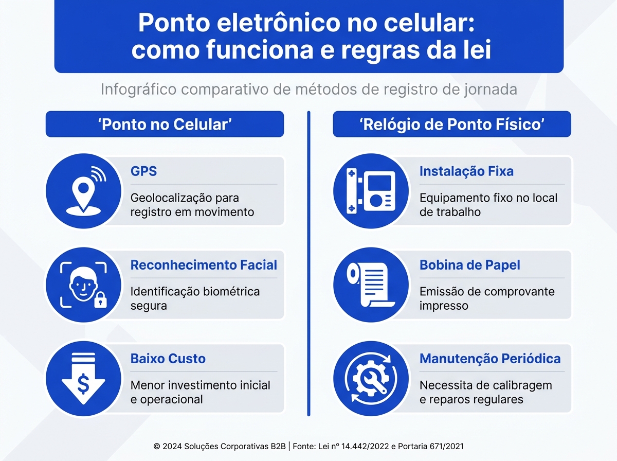 Infográfico comparativo entre ponto eletrônico no celular e relógio de ponto físico.