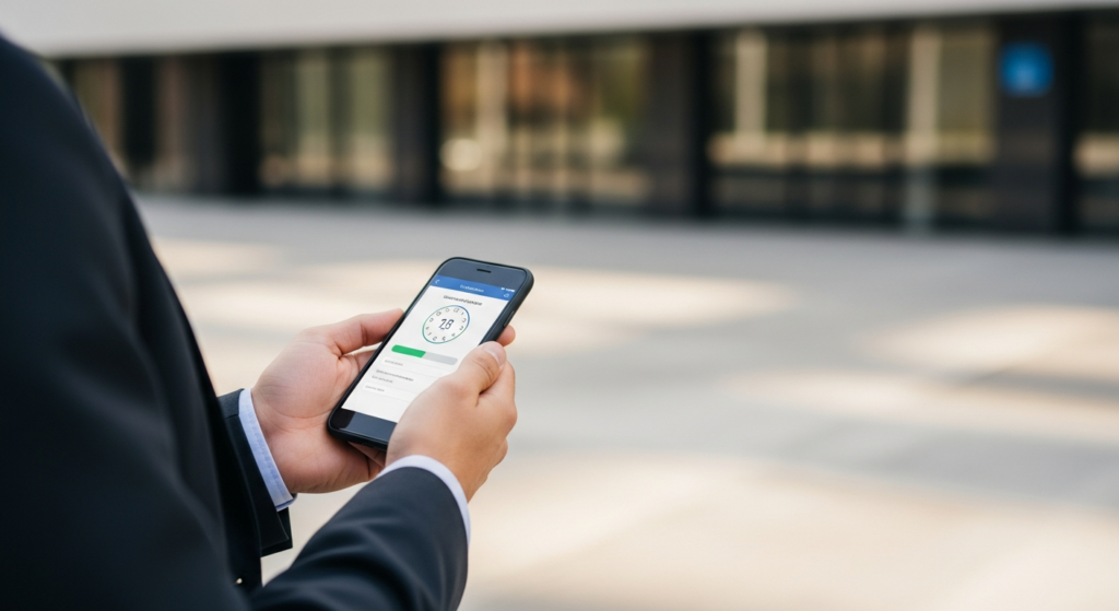 Foto realista de um colaborador em ambiente externo de trabalho, segurando um smartphone moderno e registrando sua jornada de trabalho por meio de um aplicativo de ponto digital. Ao fundo, um ambiente corporativo ou comercial sutilmente desfocado, transmitindo profissionalismo e tecnologia. Sem textos ou gráficos na imagem. Alt: Colaborador registrando jornada de trabalho usando ponto eletrônico no celular.