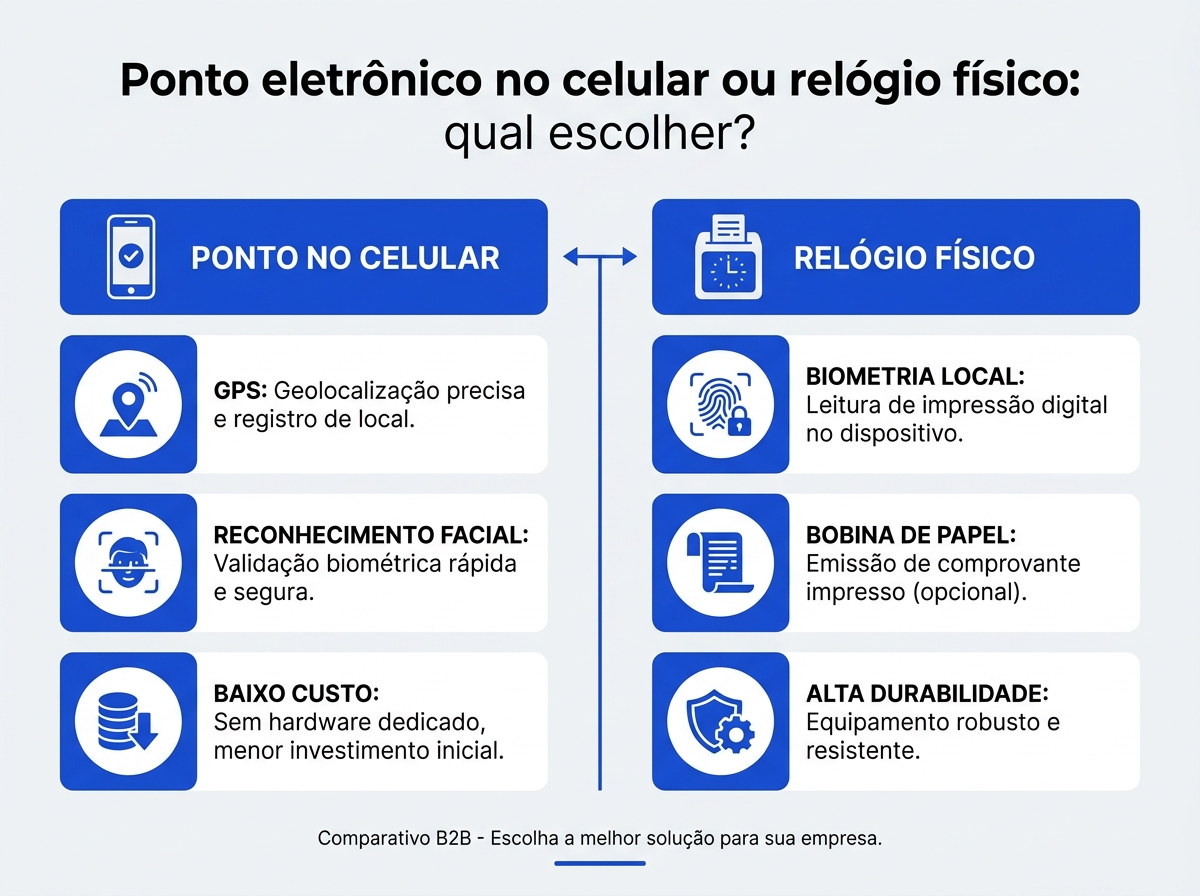 Infográfico comparativo entre ponto eletrônico no celular e relógio de ponto físico.