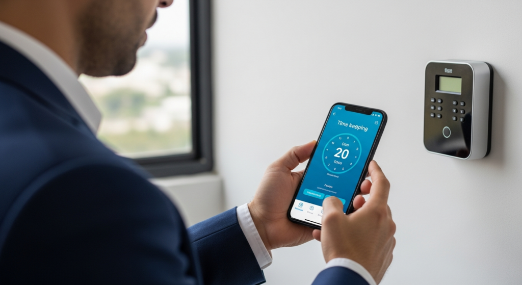 Foto realista de um empresário em seu escritório comparando um smartphone moderno que exibe um aplicativo de ponto digital com um relógio de ponto físico biométrico instalado na parede ao fundo. O ambiente é profissional, bem iluminado e transmite segurança jurídica. Sem textos, gráficos ou elementos flutuantes na imagem. Alt: Empresário comparando o registro de ponto eletrônico no celular com o relógio de ponto físico na parede.