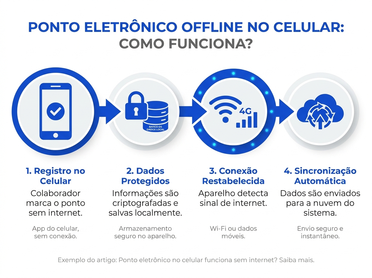 Infográfico mostrando o fluxo de sincronização do ponto eletrônico no celular do registro offline até a nuvem.