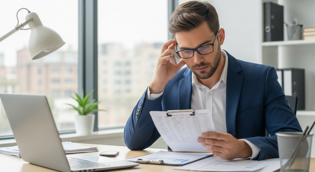 Foto realista de um gestor de empresa preocupado, analisando planilhas de horas e relatórios de ponto em sua mesa de escritório, com um smartphone ao lado mostrando a tela de bloqueio. O ambiente é de um escritório moderno de PME, com iluminação natural. Sem textos, gráficos ou elementos flutuantes na imagem. Alt: Gestor analisando relatórios de ponto e planilhas em escritório de PME.