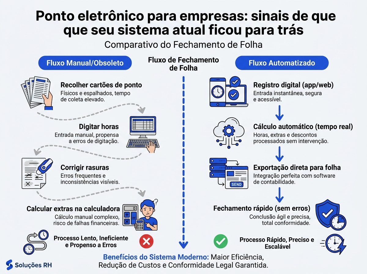 Infográfico comparativo entre o fechamento de folha manual e o automatizado com ponto eletrônico.