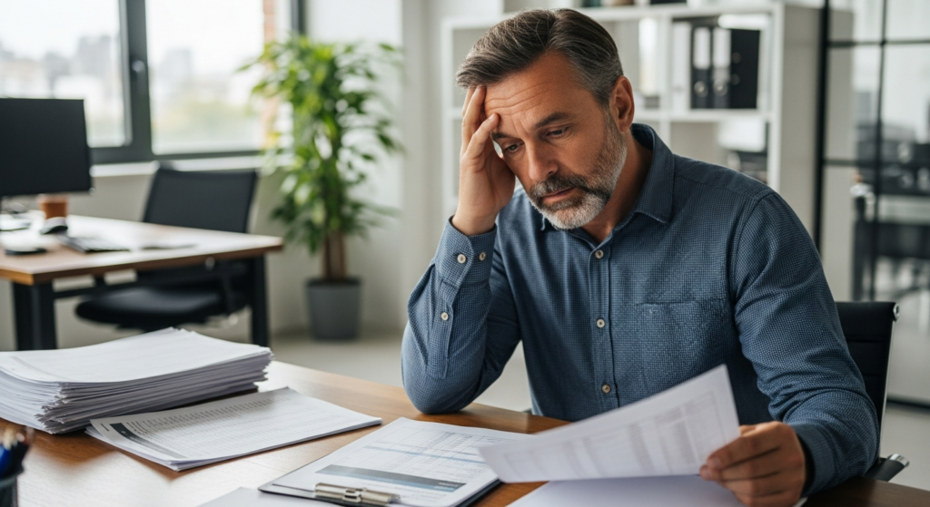 Foto realista de um empresário de meia-idade em seu escritório, com expressão de preocupação, analisando uma pilha de folhas de ponto de papel e planilhas impressas sobre a mesa de madeira. Ao fundo, um ambiente de escritório moderno, porém focado na mesa bagunçada com papéis de controle de jornada. Sem textos, gráficos ou elementos digitais sobrepostos. Alt: Empresário analisando folhas de ponto manuais acumuladas sobre a mesa de trabalho.